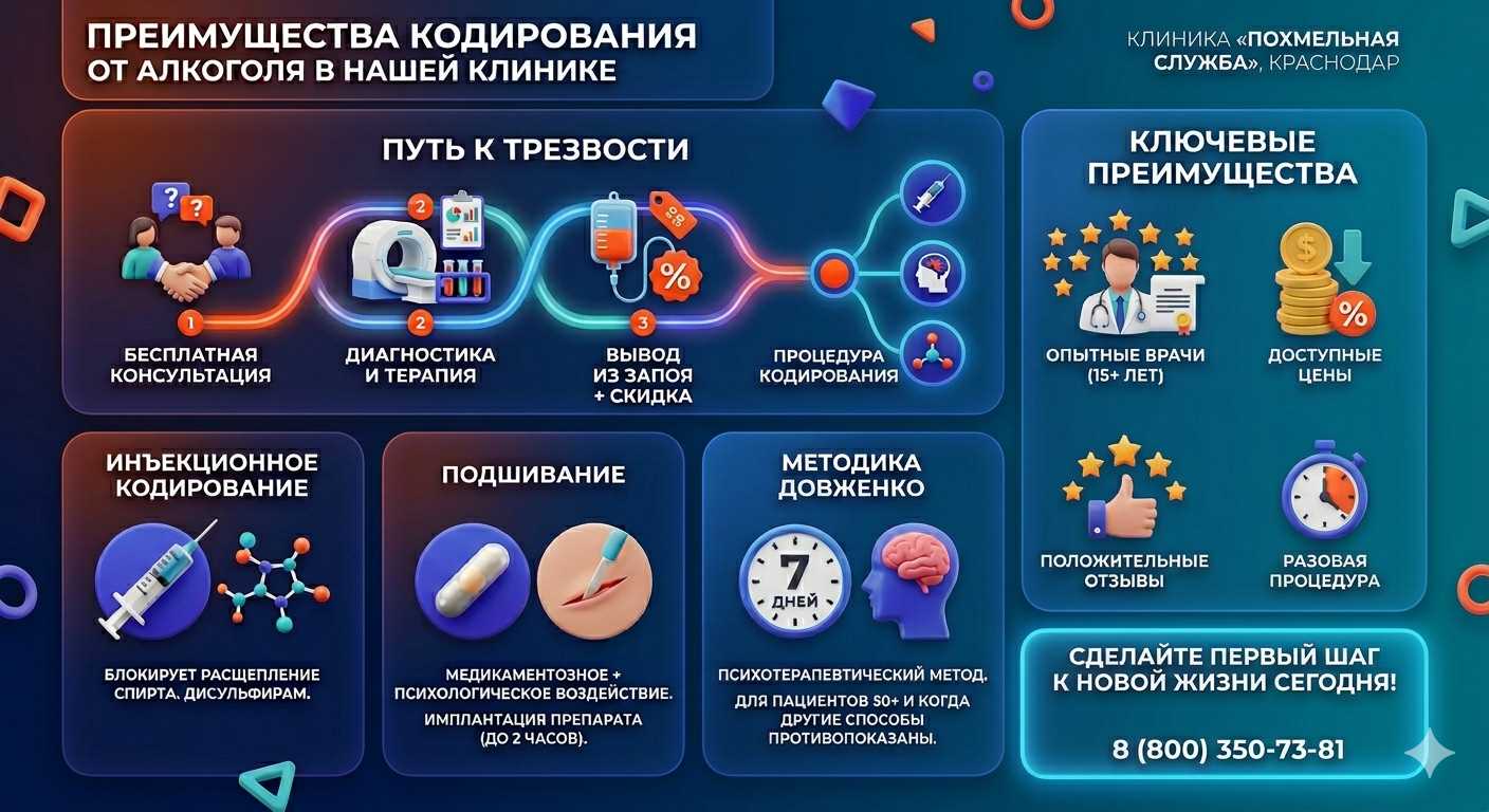 Инфографика о методах кодирования от алкоголя в Орехове: инъекции, подшивание, метод Довженко. Преимущества клиники и этапы лечения.